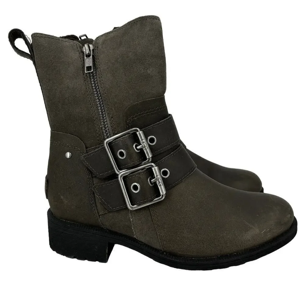 UGG Wilde‎ Moto Buckle Boots Women's Size 5.5 Waterproof Leather Suede Wool